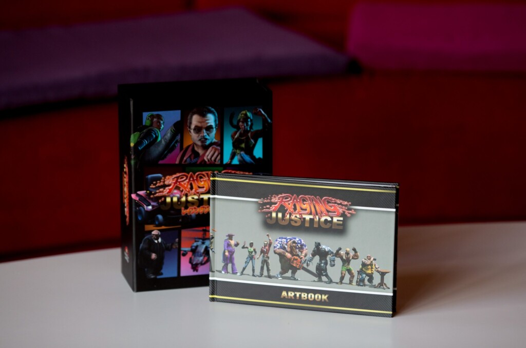 Raging Justice Collection Edition hardcover box and artbook with character illustrations displayed against red background.