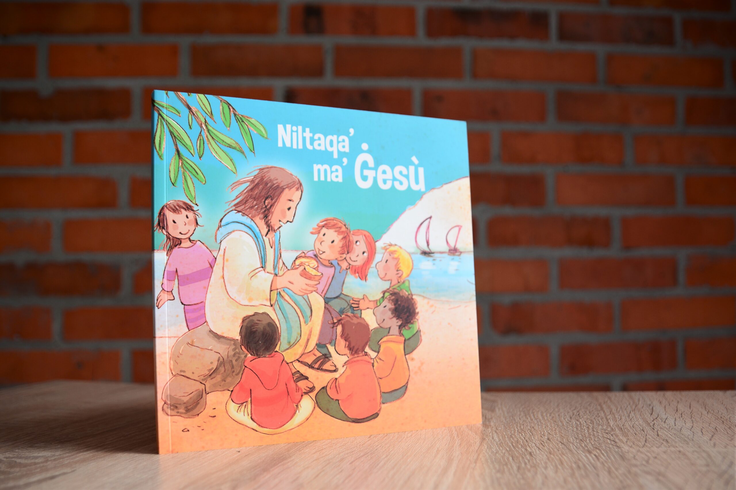 Children's picture book with illustrated cover showing adult and children, title "Nittaga'ina Gesu" visible, softcover