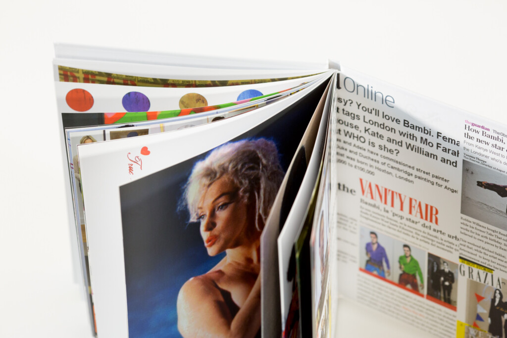 Fanned stack of printed magazines and catalogues, including pages with coloured circles, a portrait photograph, and Vanity
