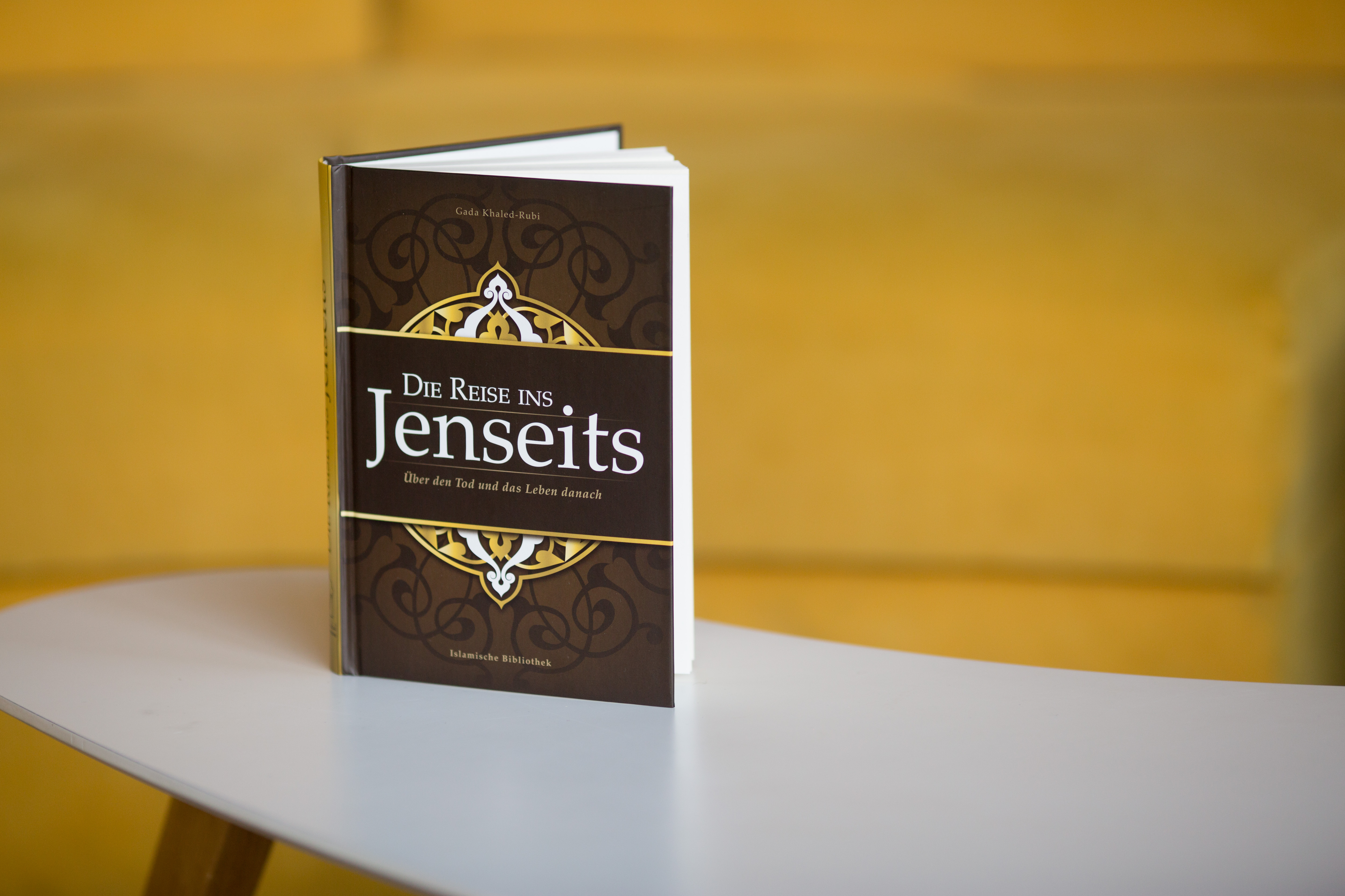 Hardcover book titled "Die Reise ins Jenseits" with gold ornamental design on brown cover, displayed on white surface