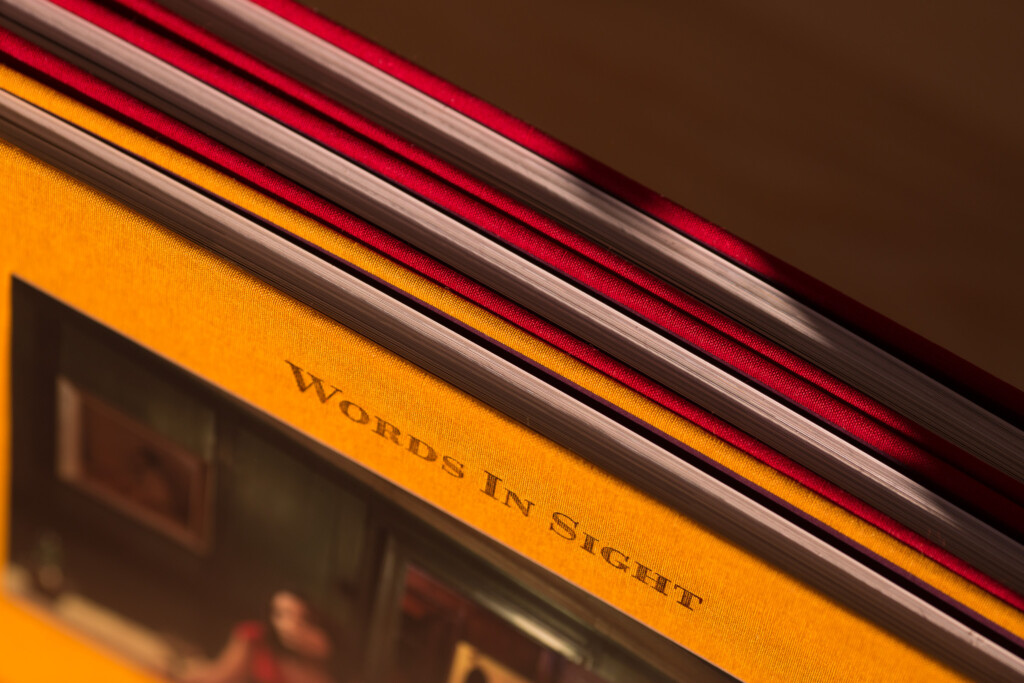 Stack of hardcover books with coloured spines showing red, gold and neutral tones, detail of "Words in Sight" text on orange