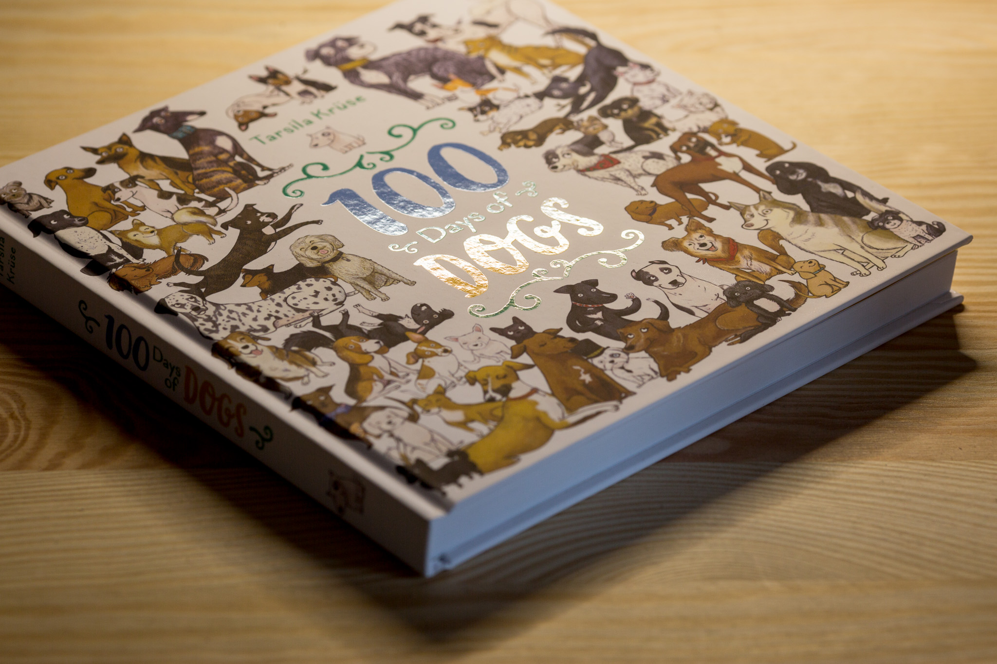 Hardcover book with illustrated cover titled "100 Days of Dogs" lying on wooden surface.