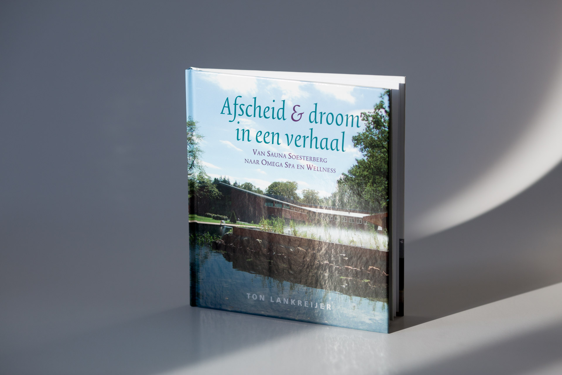 Hardcover book with Dutch title "Afscheid & droom in een verhaal" displayed against neutral background with shadow.