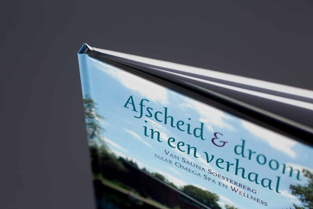 Dutch-language hardcover book with foil-stamped cover title and landscape photograph, displayed at angle against grey