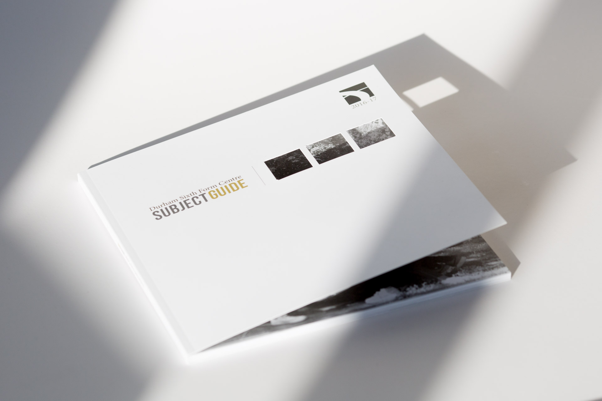 White softcover subject guide with thumbnail images and gold text on cover, displayed at an angle with pages fanned out.