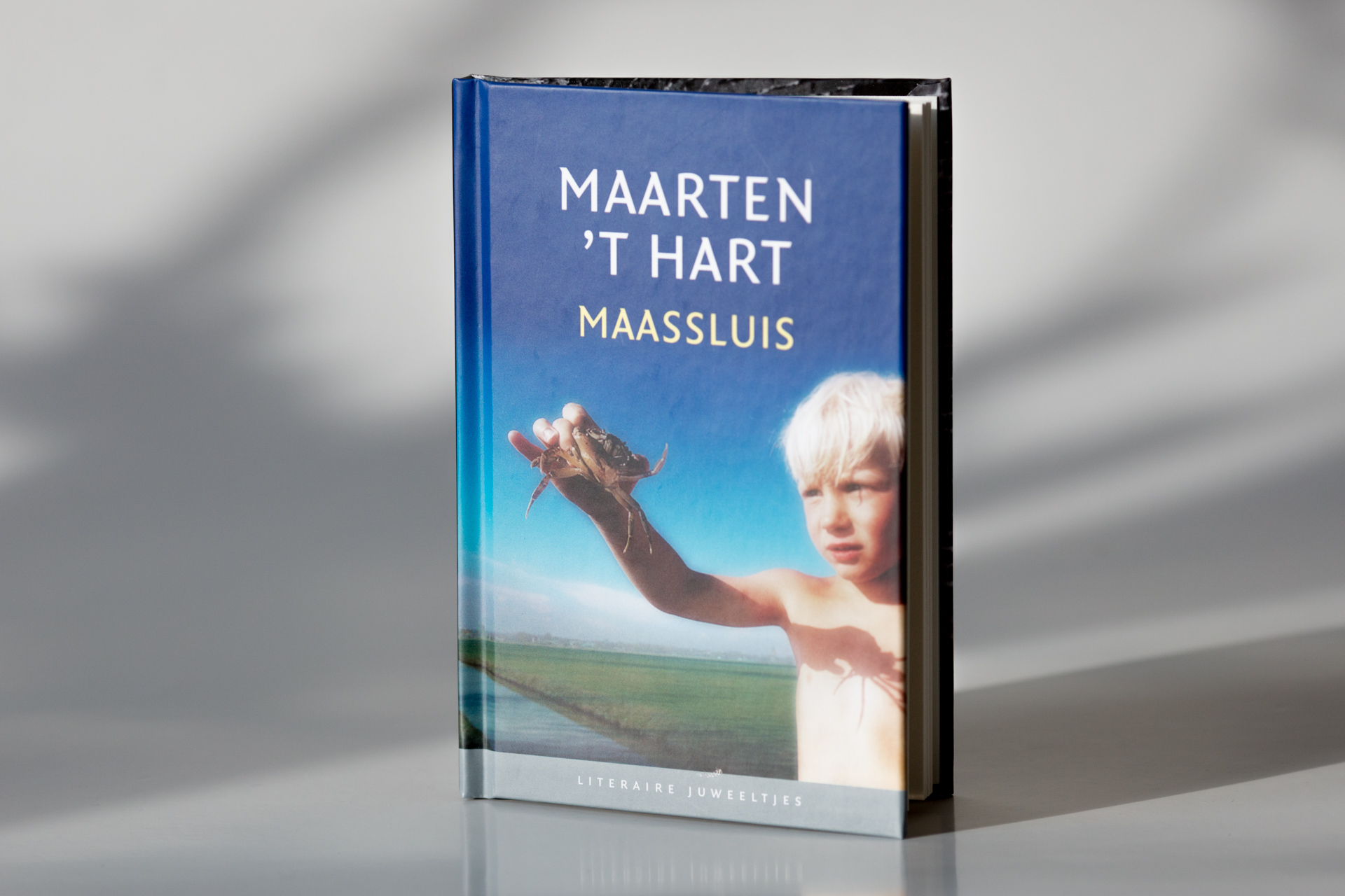 Hardcover book with blue cover showing a person holding a butterfly against a landscape, titled Maarten 't Hart Maassluis.