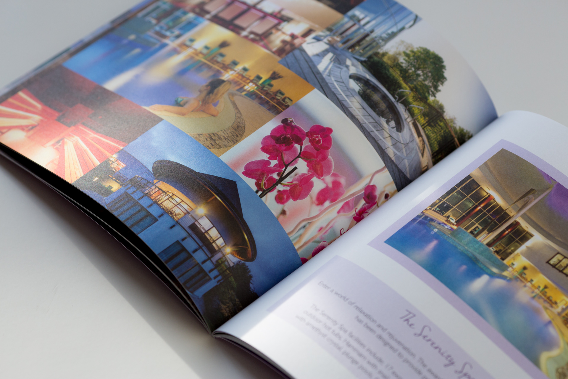 Softcover catalogue fanned open showing travel photography including cityscapes, flowers and landscapes across multiple