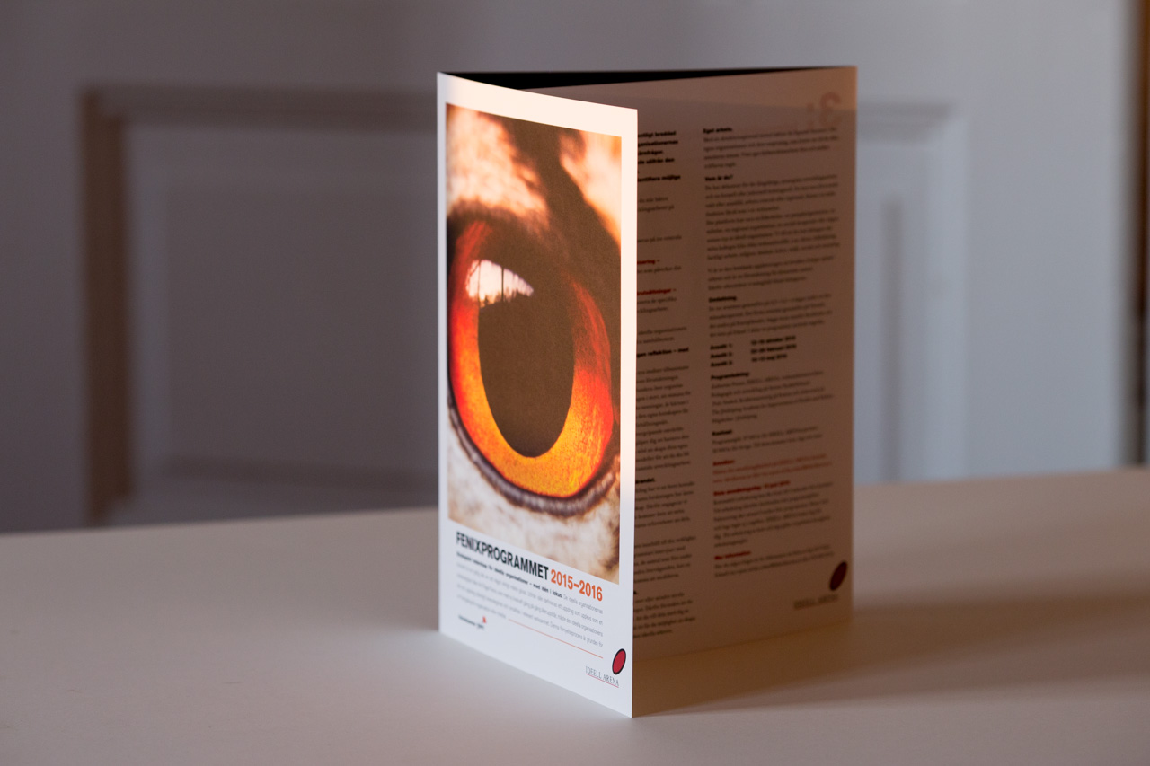 Folded brochure with orange and red circular imagery on front cover and text on back panel, displayed open on white surface.
