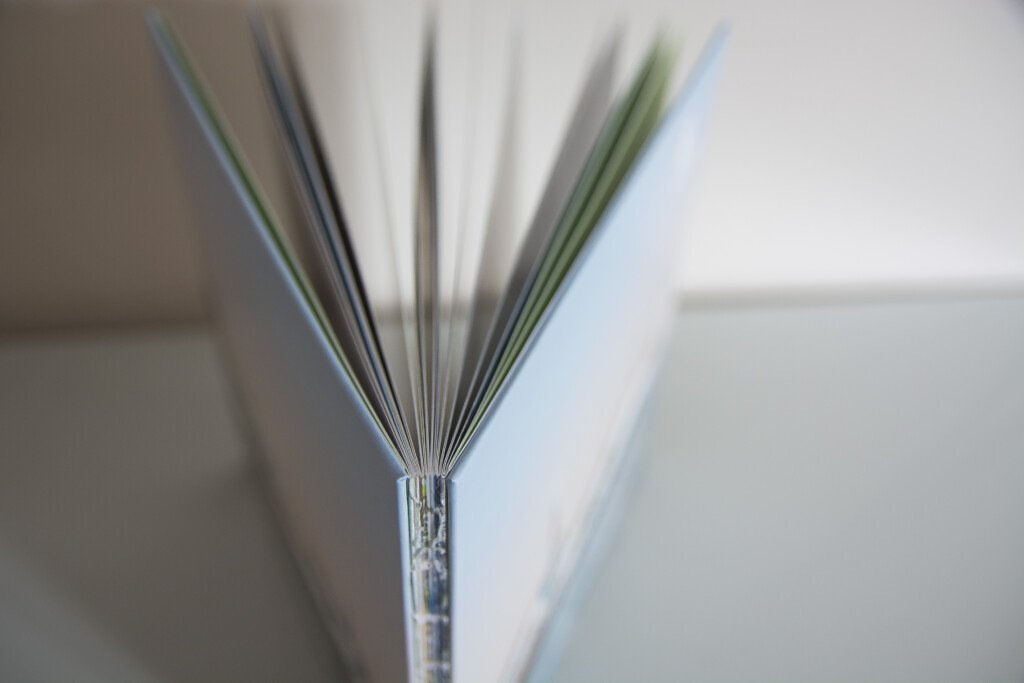 Open hardcover book spine showing sewn binding with coloured page edges fanned outward.