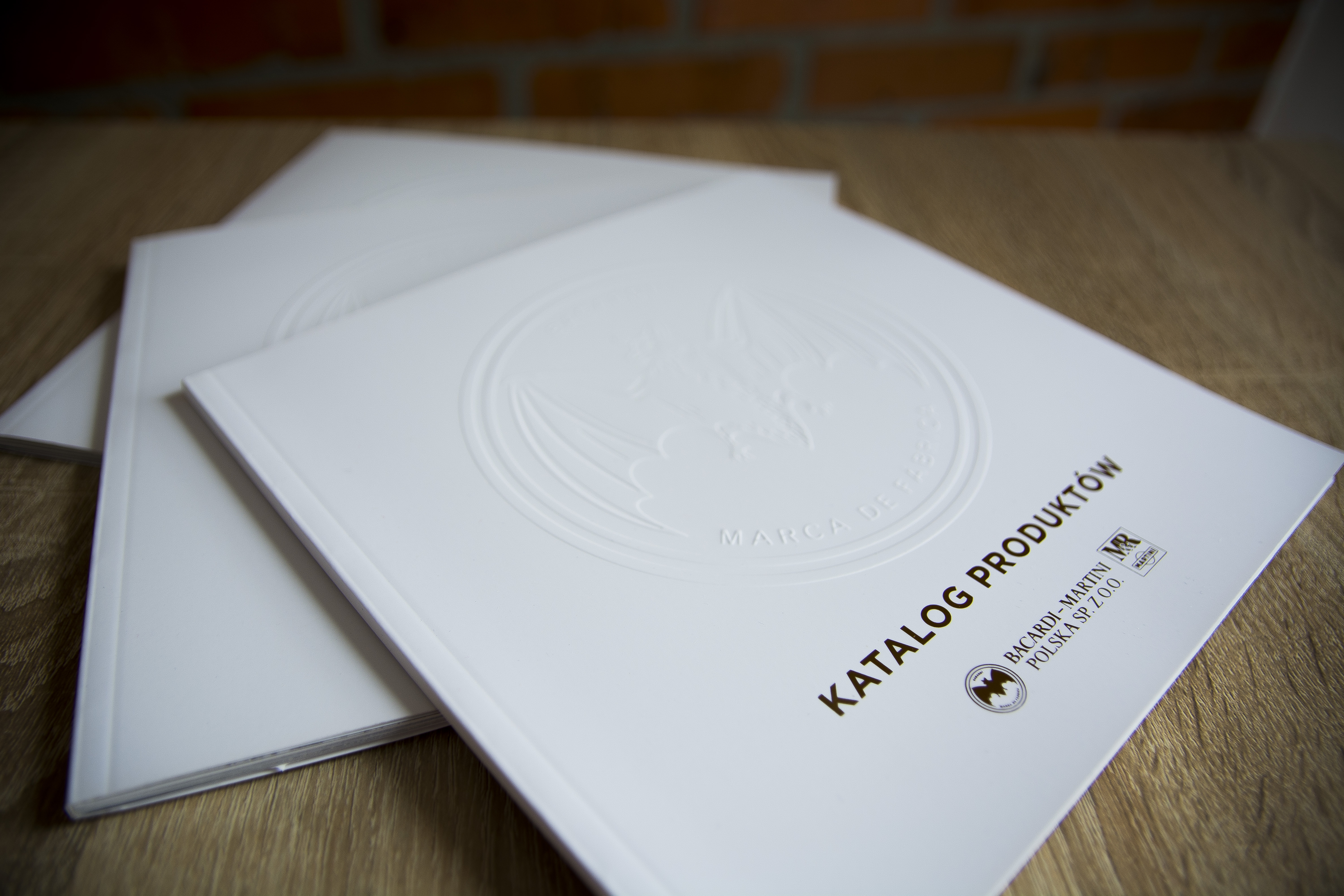 White product catalogue with embossed circular design on cover and logo for Katalog Produktów, stacked copies shown on