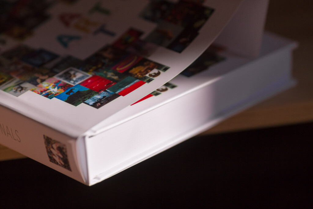 White hardcover art book with colour image thumbnails on cover, displayed open at an angle against dark background.
