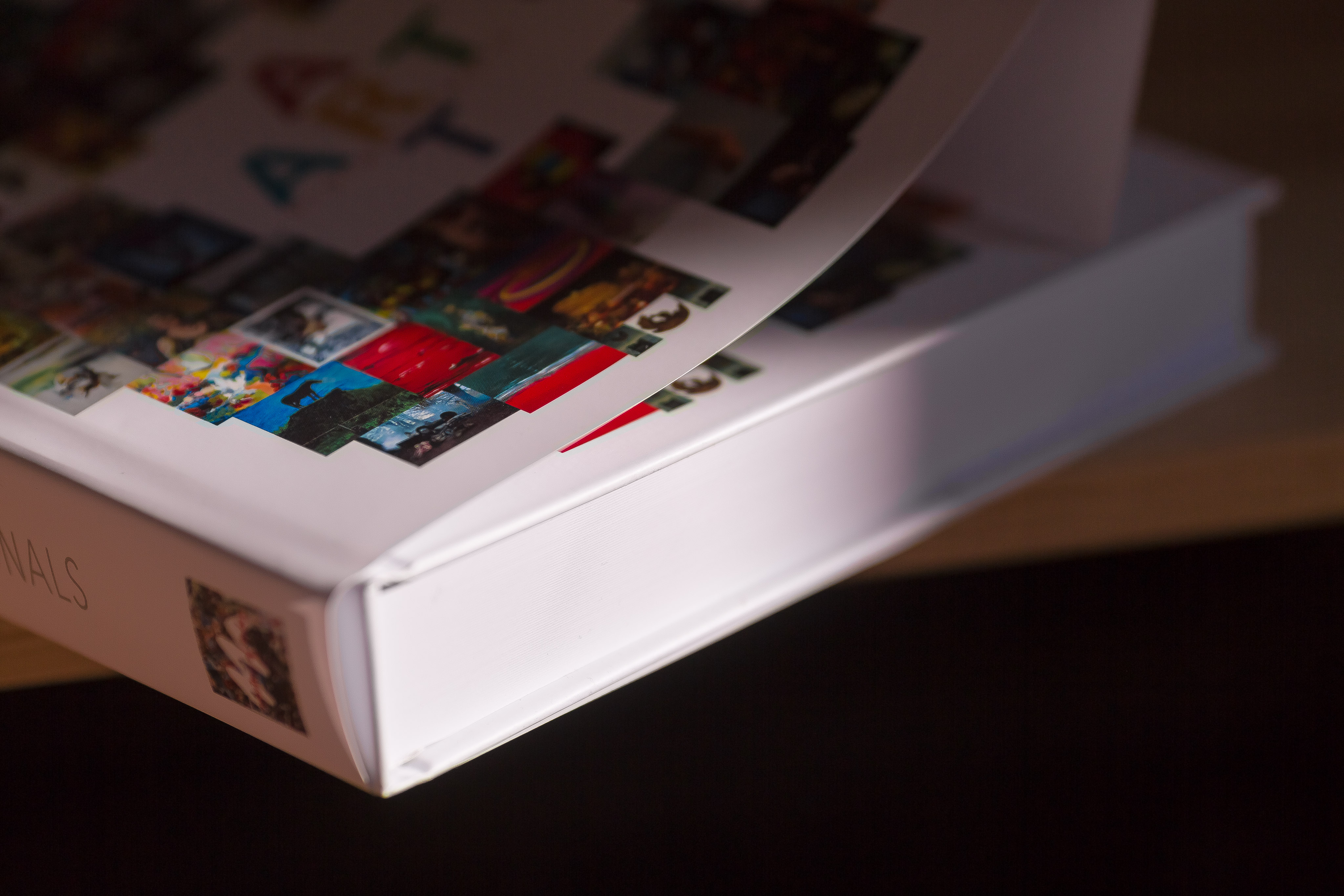 White hardcover art book with colour image thumbnails on cover, displayed open at an angle against dark background.