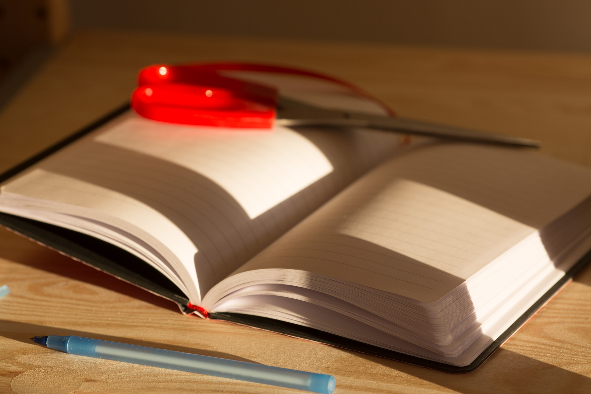 Open hardcover notebook with blank pages, red decorative bookmark, and blue pen on wooden surface.