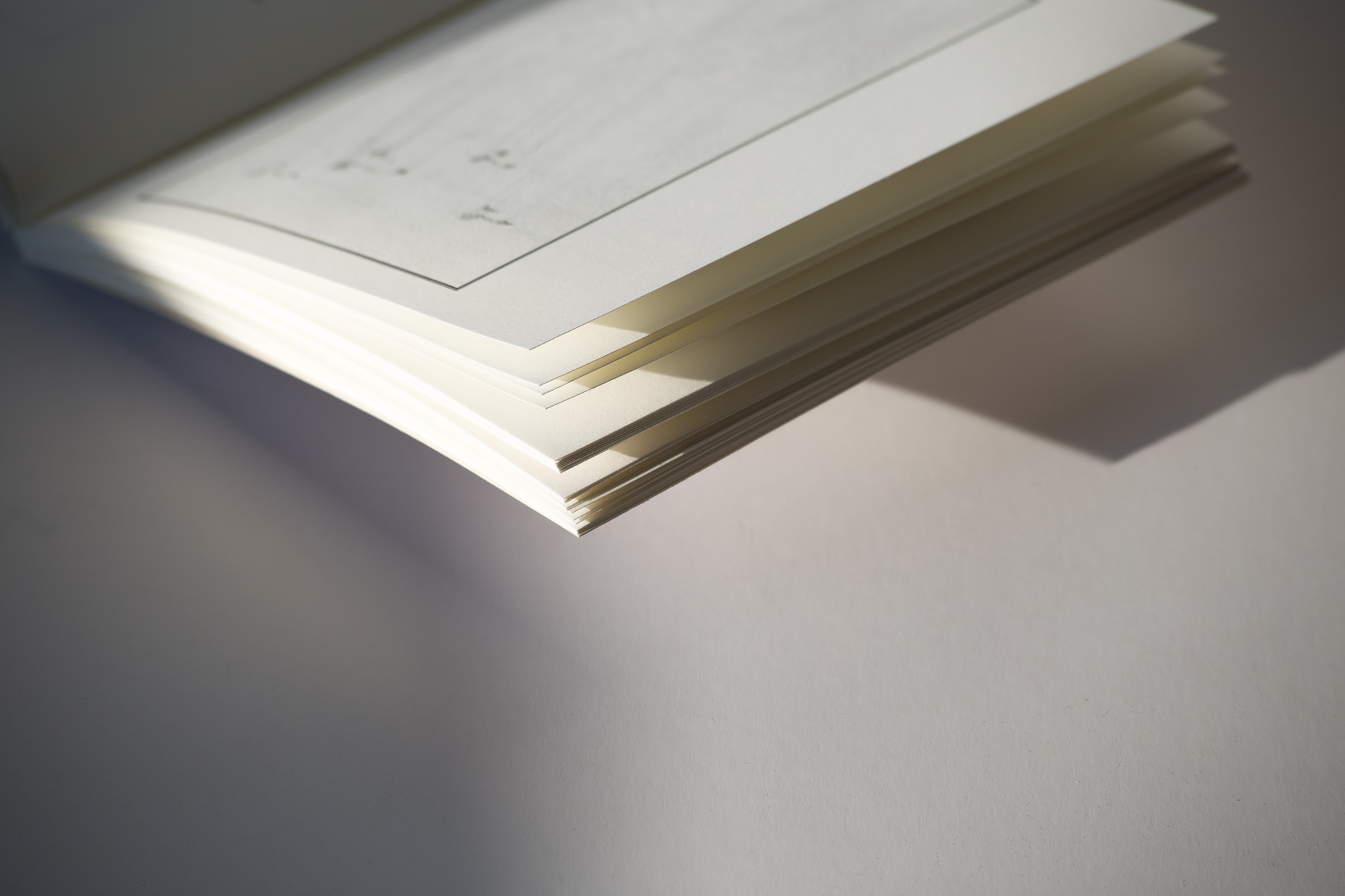 Stack of printed books with white covers fanned out to show the bound spine and layered pages.