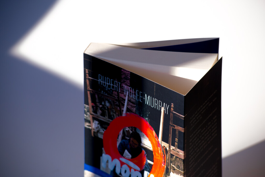Paperback book with gloss laminated cover featuring red and orange graphic elements, photographed at an angle under studio