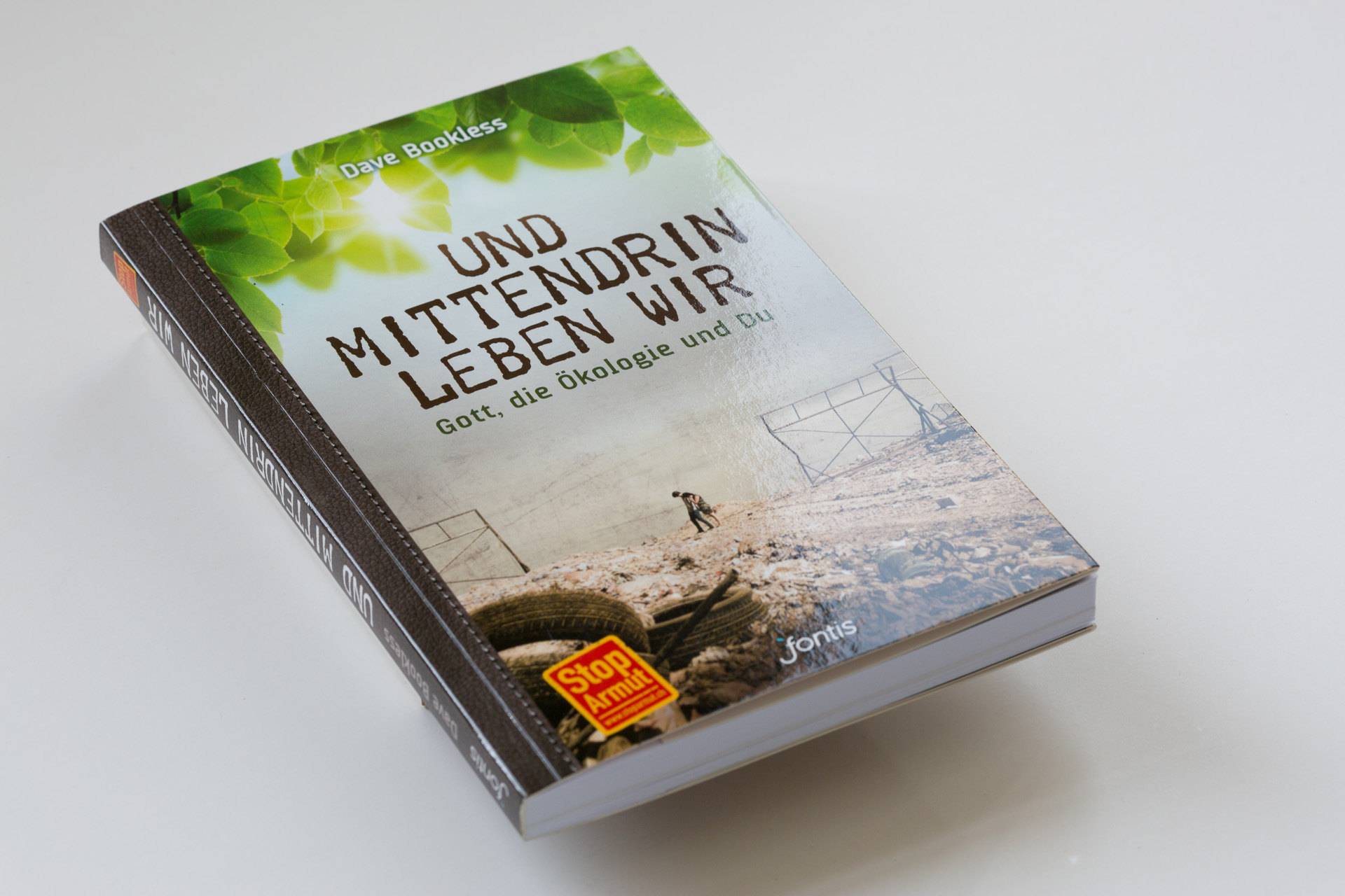 German-language softcover book titled "Und mittendrin leben wir" with green leaf design on cover and photograph of landscape