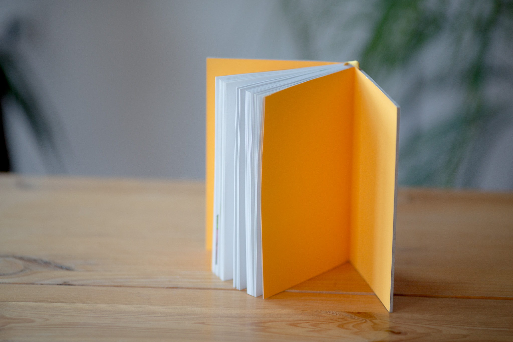 Open yellow hardcover book with white pages on wooden surface, blurred green foliage in background.