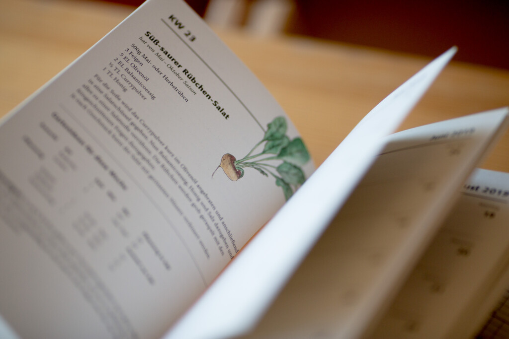 Open softcover catalogue with botanical illustration on visible spread, fanned pages showing text and plant imagery.