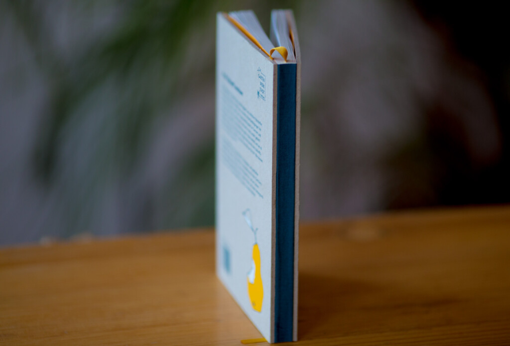 Hardcover book with navy spine standing upright on wooden surface, showing white cover with yellow accents.