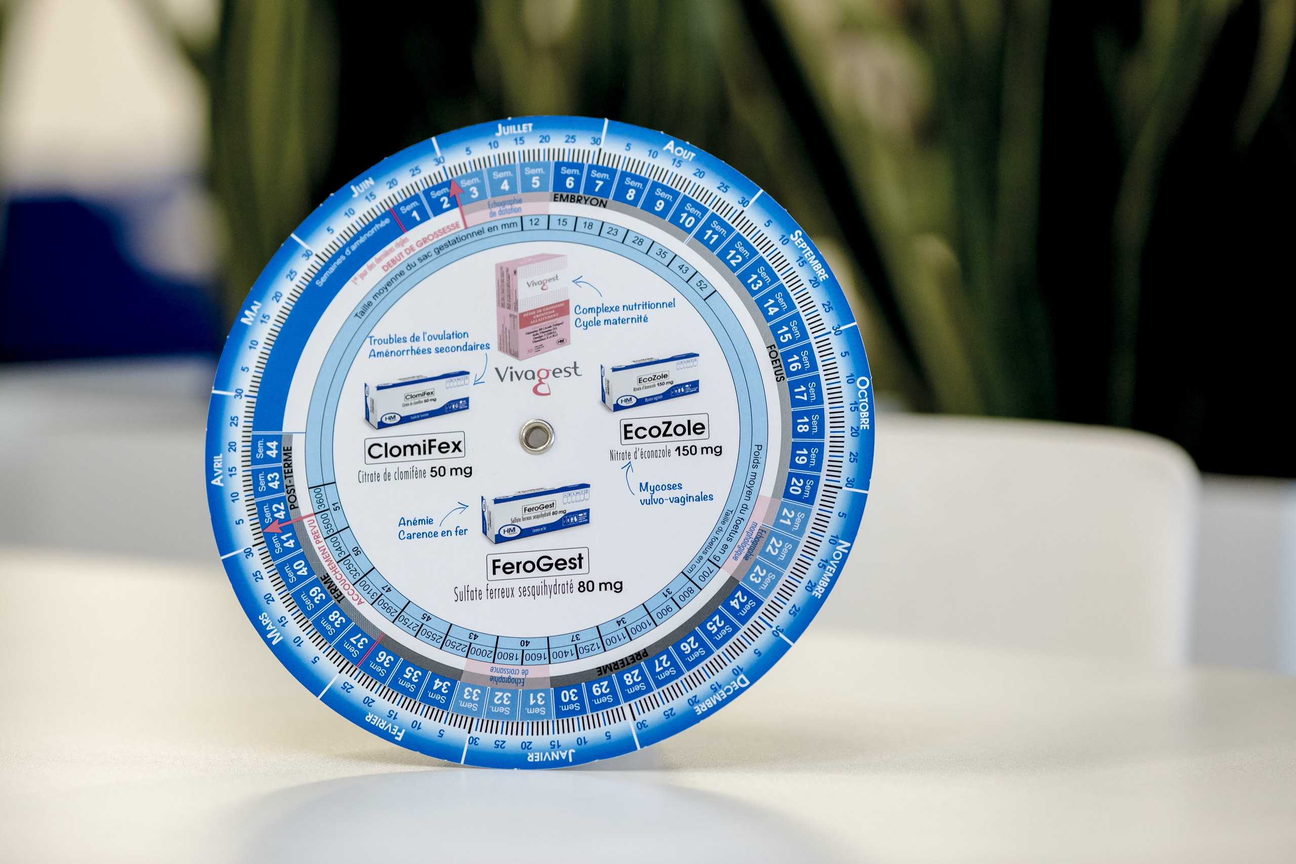 Pregnancy calendar disc printed in blue with dosage information and medication names including Climagest, Vivagel, EcoZole