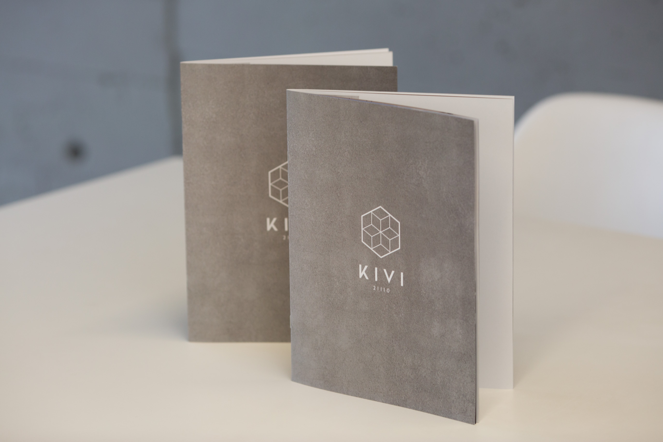 Two taupe softcover catalogues with geometric hexagon logo and KIVI branding displayed at angles on white surface.