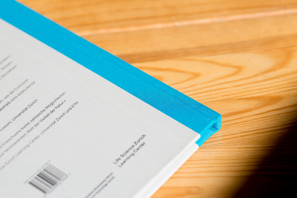 Hardcover book with blue cloth spine and white dust jacket on wooden surface.