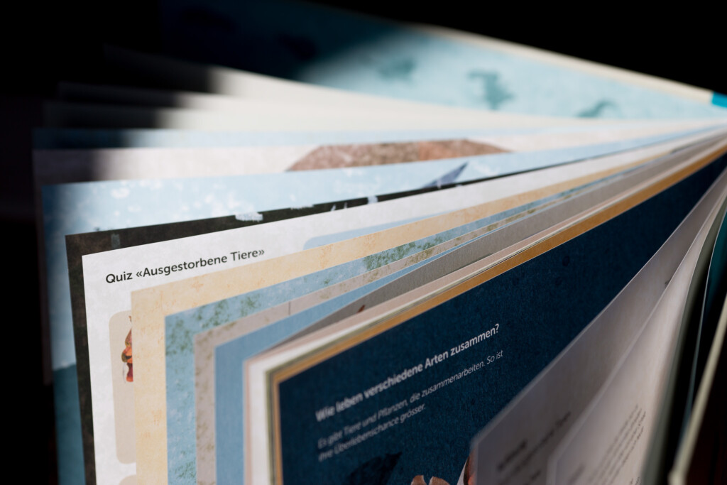Stack of hardcover books with blue and gold binding fanned out to show sewn spine and cover finish details.