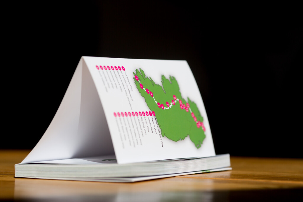 Open softcover catalogue with green watercolour illustration and pink decorative elements on right page, text on left page.