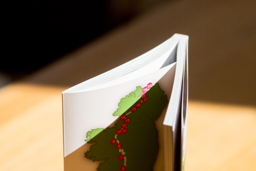 Opened hardcover book with illustrated cover featuring green leaves and red berries against brown background, showing sewn