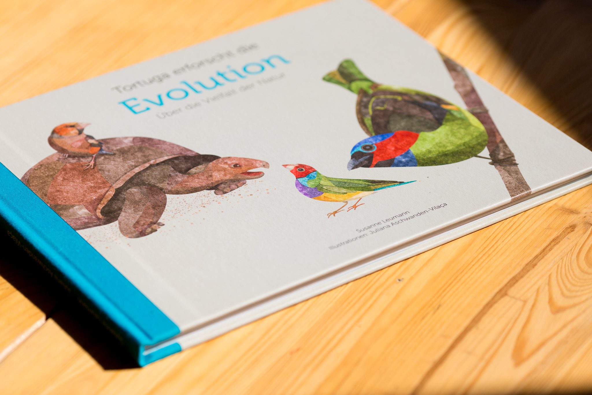 Hardcover book titled Evolution with illustrated pages showing a primate and colourful birds on a branch, blue cloth spine