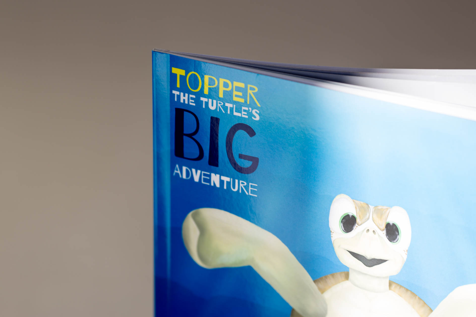 Children's hardcover book "Topper the Turtle's Big Adventure" with printed blue cover and embossed character illustration.
