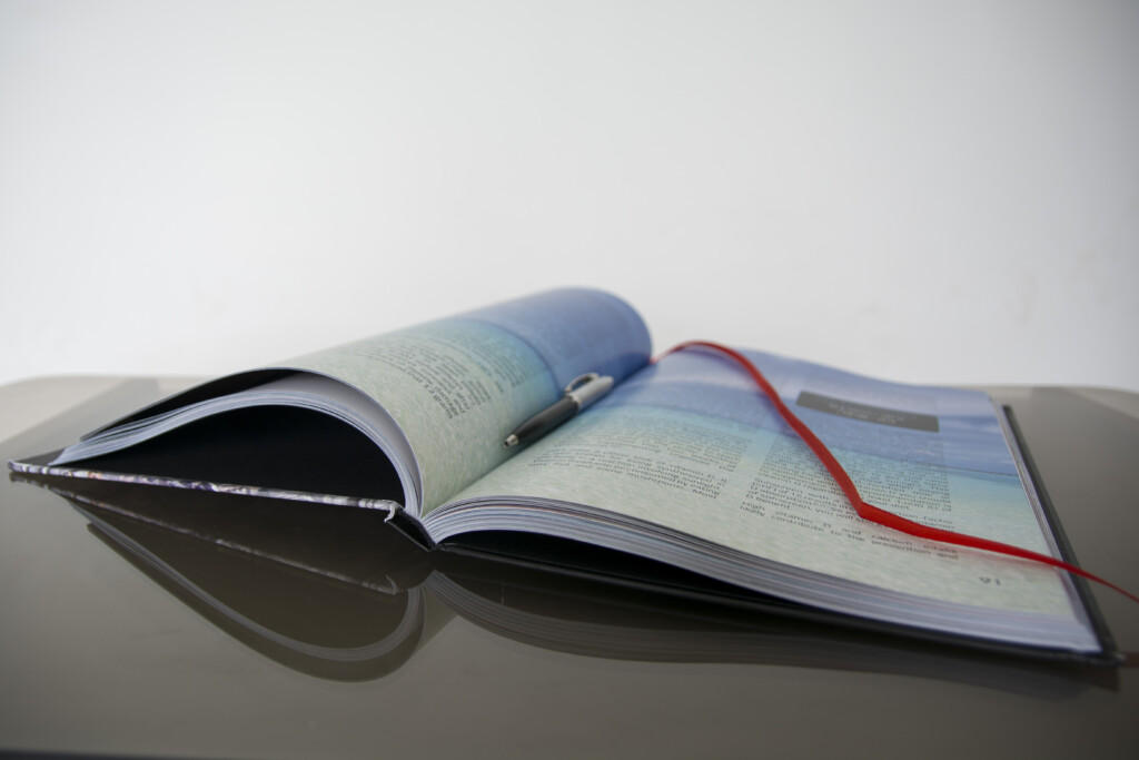 Hardcover book fanned open showing full-colour printed pages with colour palette swatches on the right spread.