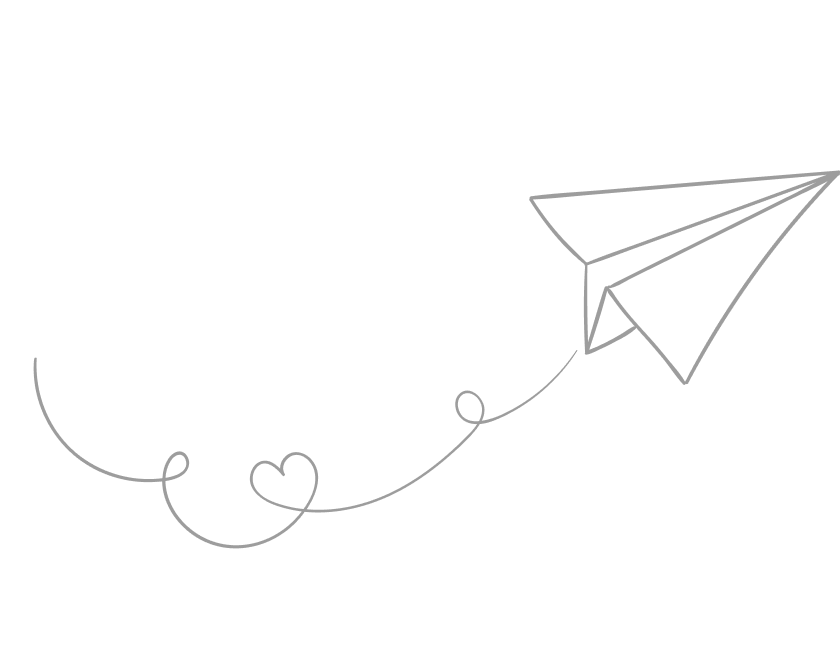 Paper plane outline with a curved trail decorated with a small heart, on a black background.