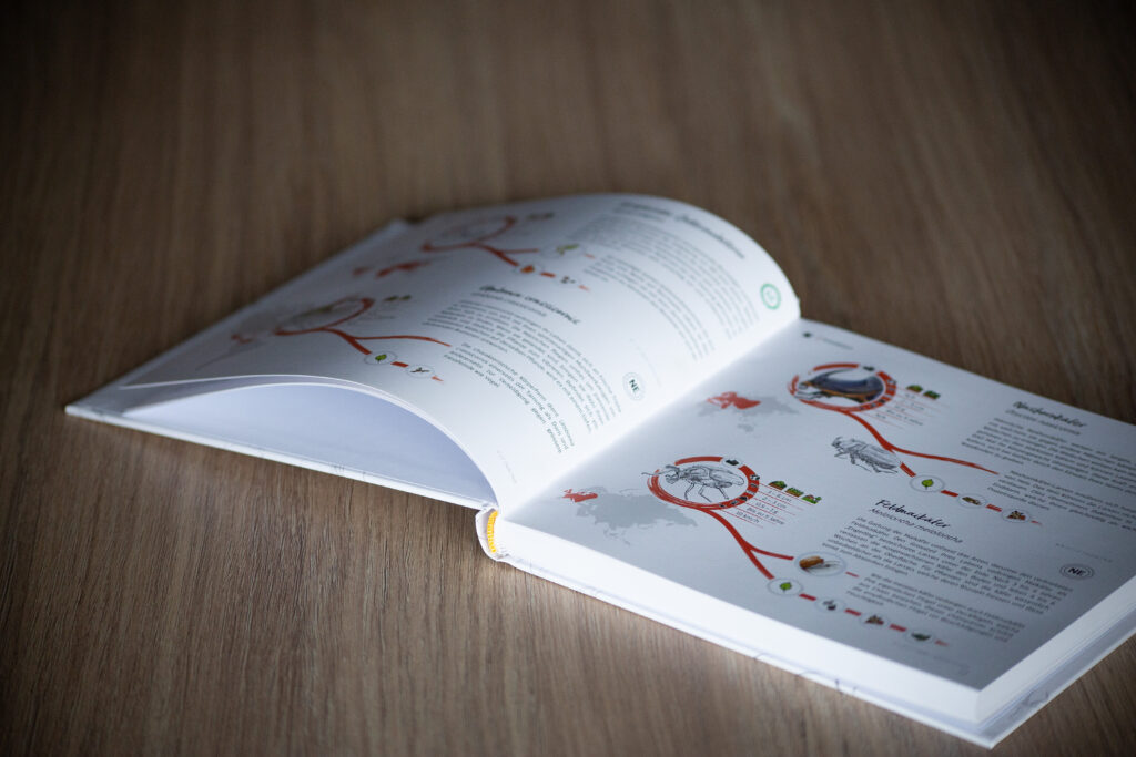 Open hardcover book with illustrated diagrams and red circular annotations on the visible pages, displayed on a wooden