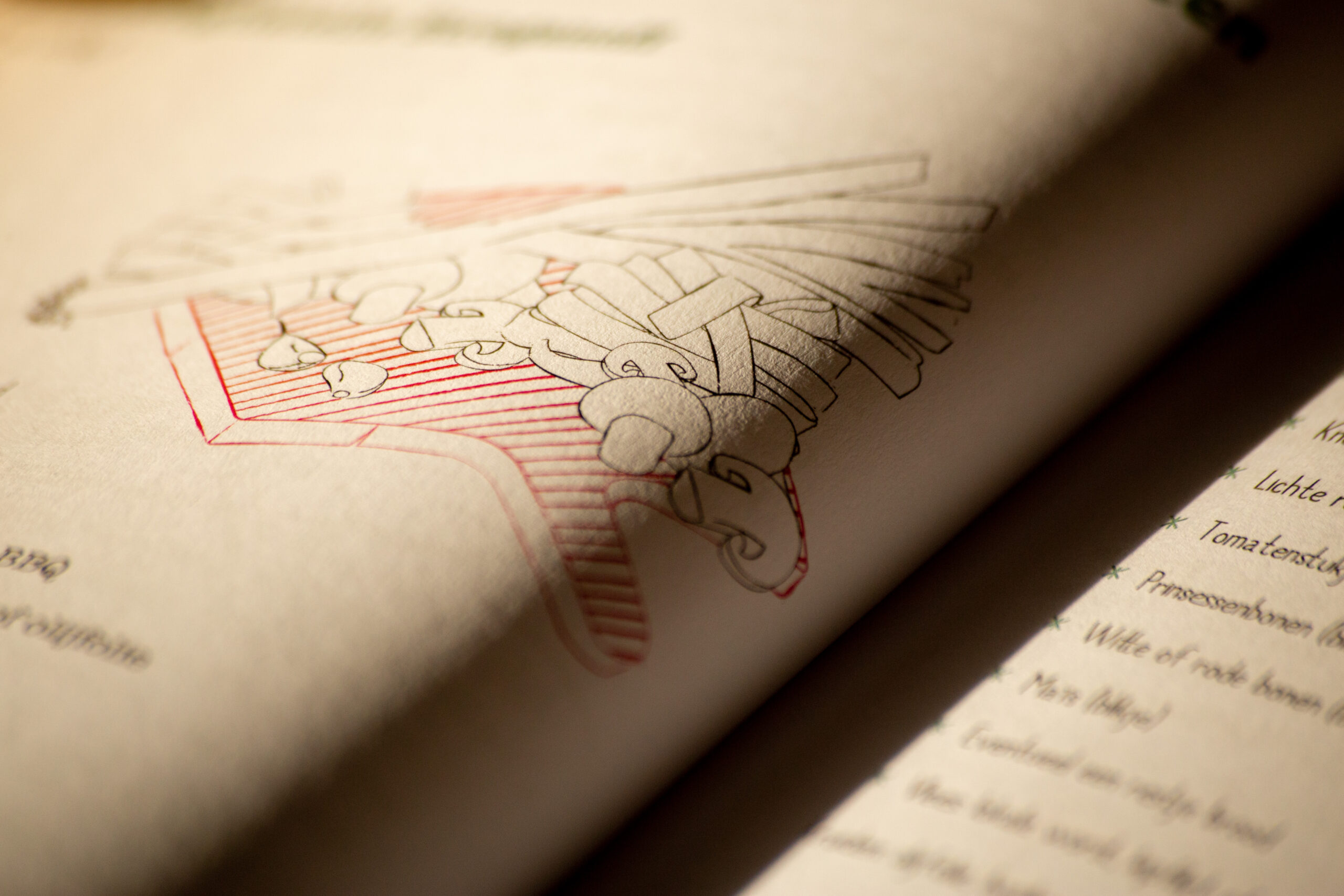 Open book spread with technical line drawings in black ink and red shading on cream paper, showing architectural or