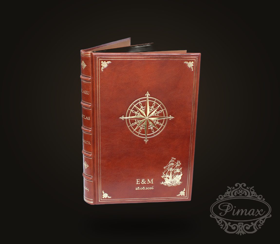 Atlas bound in red leather with a gold-tooled compass rose – PIMAX