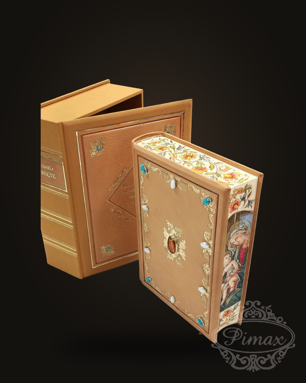 Leather Bible with amber, turquoise and hand-painted edges beside its matching slipcase – PIMAX