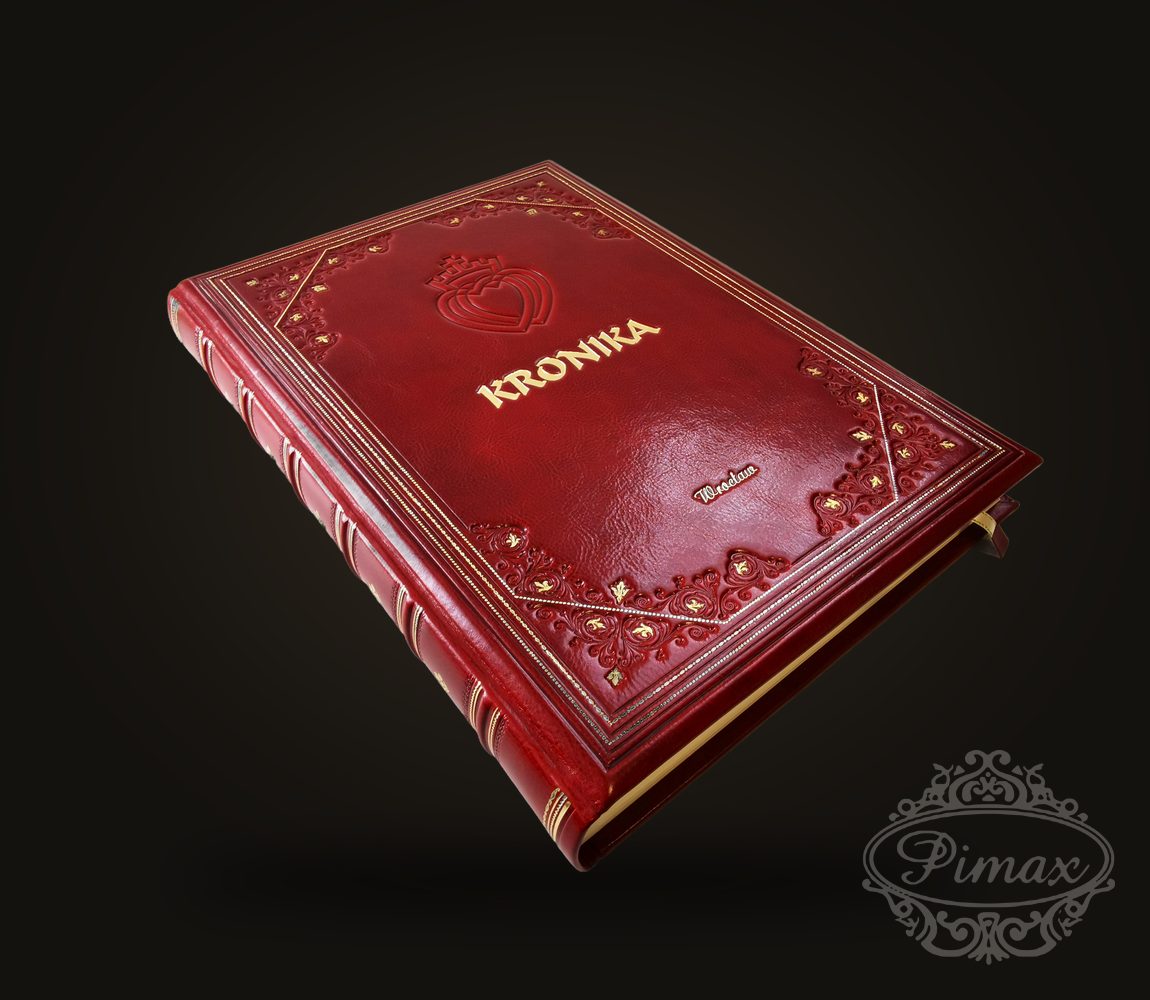 Red leather A3 chronicle with gilded title and tooled border – PIMAX