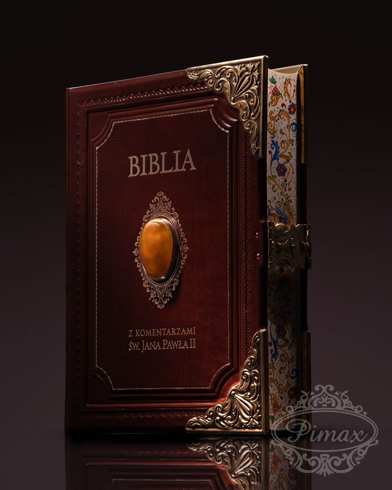 Leather Bible with amber centrepiece, brass corners and clasp, hand-bound by PIMAX – PIMAX