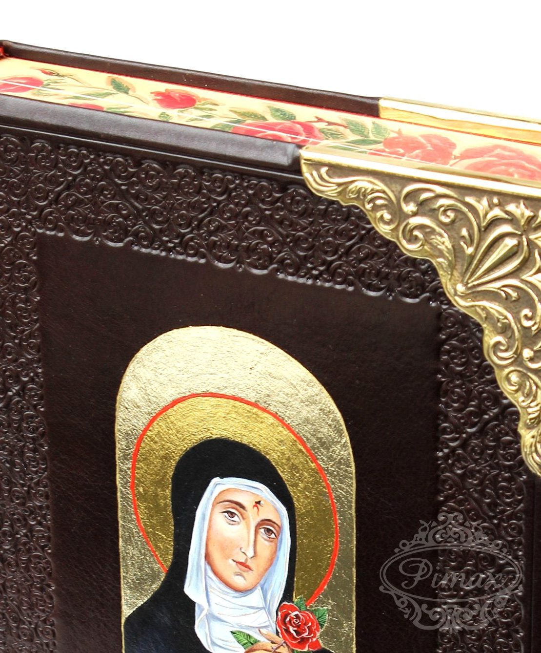 Hand-gilded icon, metal corner and rose-painted edges on a leather book – PIMAX