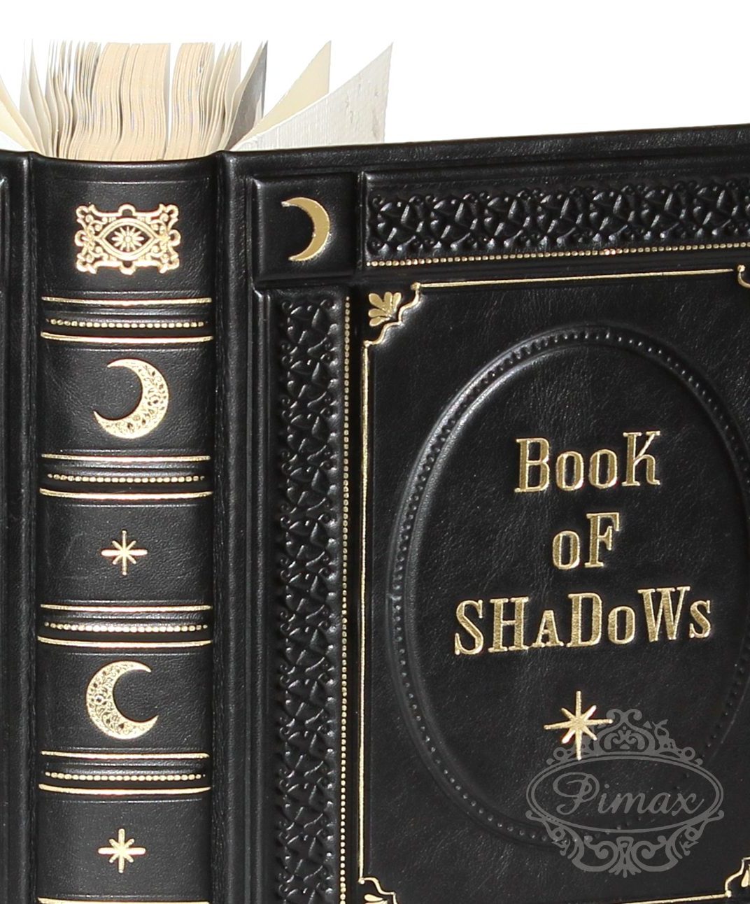 Gold-tooled moons and stars on a black leather spine – PIMAX