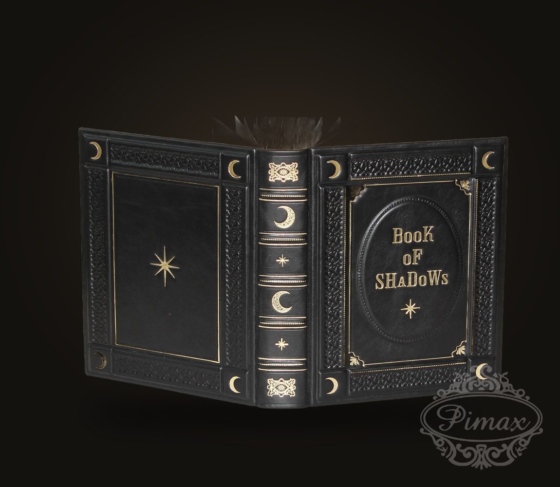 Black leather Book of Shadows with gold moons and stars – PIMAX